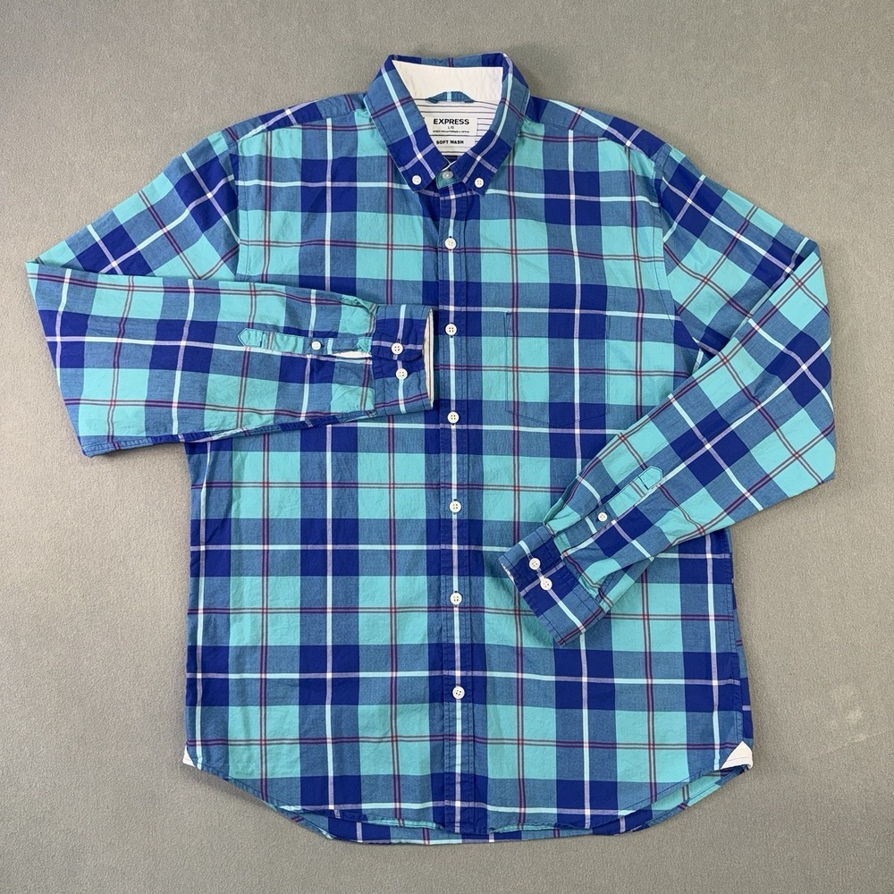 Men's Express Casual Soft Wash Button Up Shirt Blue/White Plaid Size L